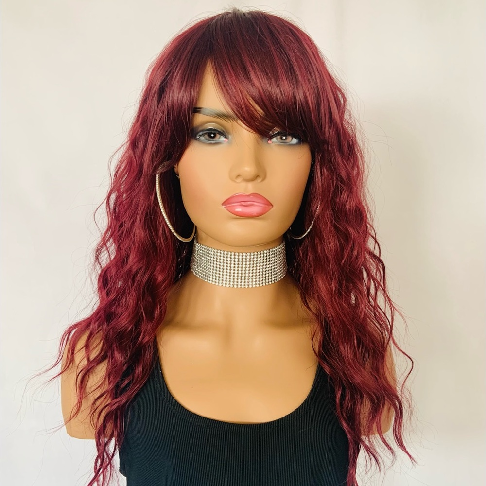 A Pretty 20” Plum Burgundy Premium Fiber Wig with Bangs for Daily Wear or Events
